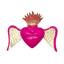 Load image into Gallery viewer, Handmade Tin Mexican Flying Milagro Hearts - Angel Wings Tin Milagro Hearts Mexico MH Pink + Pinstripe