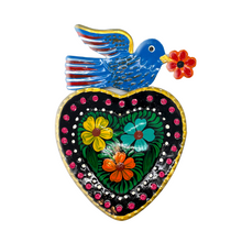 Load image into Gallery viewer, Handmade Tin Mexican Milagro Hearts - Daisy Bird Tin Milagro Hearts Mexico MH Blue/Black