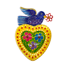 Load image into Gallery viewer, Handmade Tin Mexican Milagro Hearts - Daisy Bird Tin Milagro Hearts Mexico MH Blue/Yellow