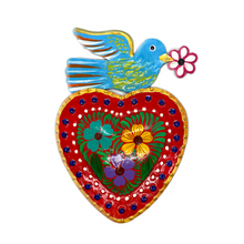 Load image into Gallery viewer, Handmade Tin Mexican Milagro Hearts - Daisy Bird Tin Milagro Hearts Mexico MH Blue/Red