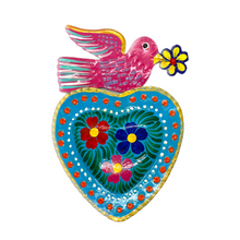 Load image into Gallery viewer, Handmade Tin Mexican Milagro Hearts - Daisy Bird Tin Milagro Hearts Mexico MH Pink/Blue