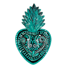 Load image into Gallery viewer, Handmade Tin Mexican Milagro Hearts - Folklorico Series Tin Milagro Hearts Mexico MH Black/Teal