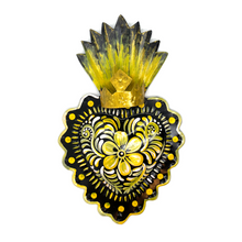 Load image into Gallery viewer, Handmade Tin Mexican Milagro Hearts - Folklorico Series Tin Milagro Hearts Mexico MH Black/Yellow + Crown