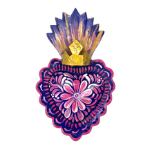 Load image into Gallery viewer, Handmade Tin Mexican Milagro Hearts - Folklorico Series Tin Milagro Hearts Mexico MH Blue/Pink + Crown
