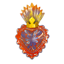 Load image into Gallery viewer, Handmade Tin Mexican Milagro Hearts - Folklorico Series Tin Milagro Hearts Mexico MH Orange/Lavender + Crown