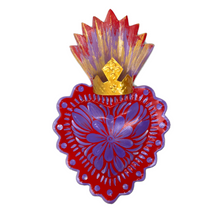 Load image into Gallery viewer, Handmade Tin Mexican Milagro Hearts - Folklorico Series Tin Milagro Hearts Mexico MH Red/Lavender + Crown