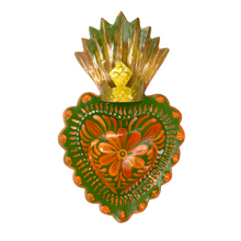 Load image into Gallery viewer, Handmade Tin Mexican Milagro Hearts - Folklorico Series Tin Milagro Hearts Mexico MH Green/Orange + Crown