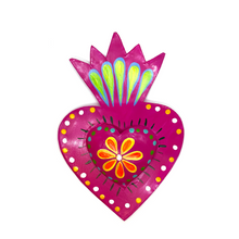 Load image into Gallery viewer, Handmade Tin Mexican Milagro Heart - Super Mario Flor Tin Milagro Hearts Mexico MH Magenta