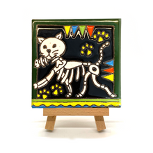 Load image into Gallery viewer, Mexican Handmade Clay Tile and Stand - Gato, Cat Feliz Tile Mexico Green Frame