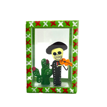 Load image into Gallery viewer, Handmade Window Shadow Box Nicho - See Through Series  - Mariachi con Nopal Shadow Boxes Mexico CC Green