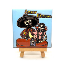 Load image into Gallery viewer, Mexican Handmade Clay Tile and Stand - Amor Eterno Tile Mexico Blue