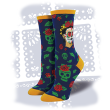 Load image into Gallery viewer, Women's Frida Kahlo "Día de Los Frida" Socks Socks SockSmith Navy Blue