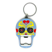 Load image into Gallery viewer, Metal Calavera Bottle Opener & Keychain Llavero Bar Goods Muertolandia.com Blue