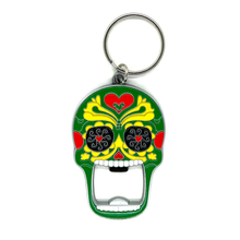 Load image into Gallery viewer, Metal Calavera Bottle Opener & Keychain Llavero Bar Goods Muertolandia.com Green