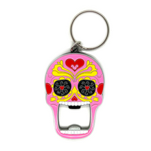 Load image into Gallery viewer, Metal Calavera Bottle Opener & Keychain Llavero Bar Goods Muertolandia.com Pink