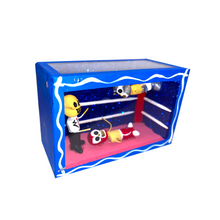 Load image into Gallery viewer, Handmade Window Shadow Box Nicho - Luchadores Lucha Libre, Mexican Wrestlers Shadow Boxes Mexico CC Blue Wood Box