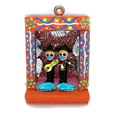 Load image into Gallery viewer, Handmade Shadow Box Nicho - Mariachi Cubrebocas Shadow Boxes Mexico CC Orange Wood Box