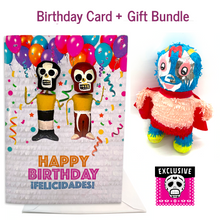Load image into Gallery viewer, Luchadores Musical Birthday Card + Gift Bundle Greeting Cards Muertolandia.com Card + Mini Piñata