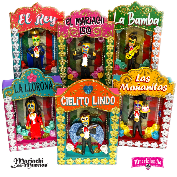 handcrafted deluxe mexican nicho shadow box cielito lindo las mananitas la llorona la bamba el rey el mariachi loco