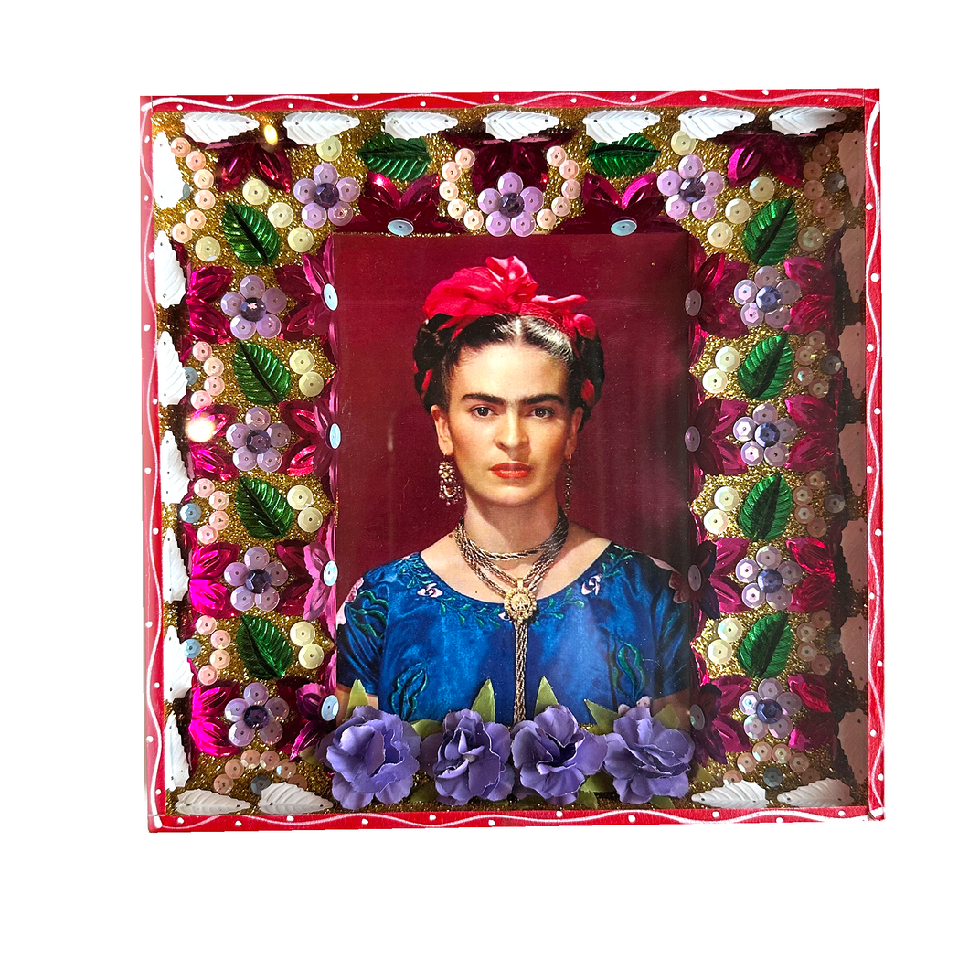 Handmade Jumbo Framed Frida Wall Art Piece Art & Decor Mexico Red Wood Box - Necklace  