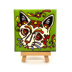 Handmade Clay Tile and Stand - Calavera Cat