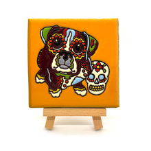 Load image into Gallery viewer, Handmade Clay Tile and Stand - Puppy Con Calavera