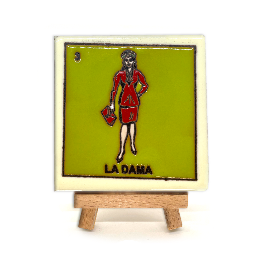Mexican Handmade Clay Square Tile and Stand - Loteria Tile Mexico No. 3 - La Dama [Lime]