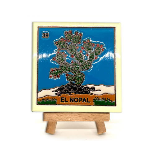 Mexican Handmade Clay Square Tile and Stand - Loteria Tile Mexico No. 39 - El Nopal