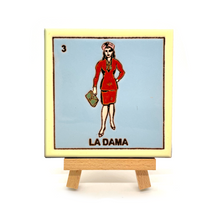 Load image into Gallery viewer, Handmade Clay Square Tile and Stand - Loteria No 3 La Dama 4&quot; x 4&quot;