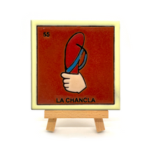 Load image into Gallery viewer, Handmade Clay Square Tile and Stand - Loteria No 55 La Chancla 4&quot; x 4&quot;