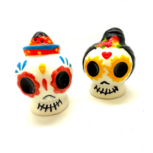 Load image into Gallery viewer, Día de los Muertos - Ceramic Calavera Skulls Salt &amp; Pepper Shakers Set
