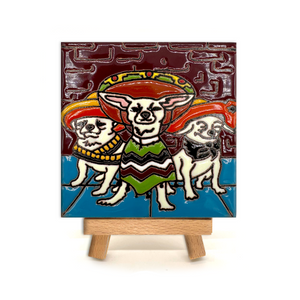 Handmade Clay Tile and Stand - 3 Perros Dogs Mexicanos Tile Mexico   