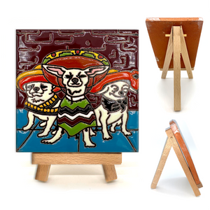 Handmade Clay Tile and Stand - 3 Perros Dogs Mexicanos Tile Mexico   