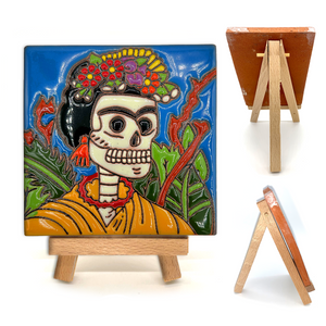 Mexican Handmade Clay Tile and Stand - Frida Calavera Tile Mexico