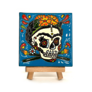 Mexican Handmade Clay Tile and Stand - Frida Calavera Tile Mexico Cempasúchil Headband