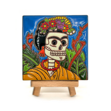 Load image into Gallery viewer, Mexican Handmade Clay Tile and Stand - Frida Calavera Tile Mexico Orange Shawl