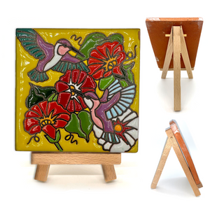 Mexican Handmade Clay Tile and Stand - Colibri Hummingbird Flowers Tile Mexico