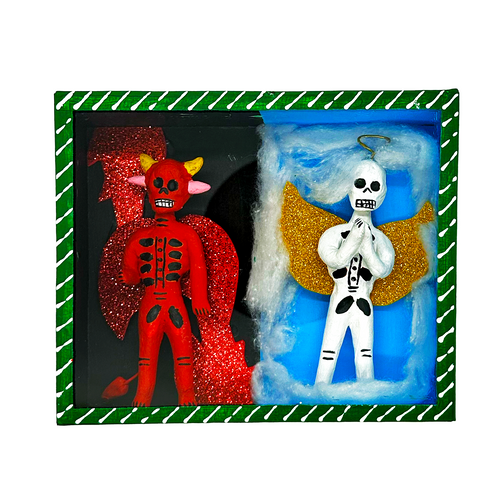 Mexican Handmade Framed Wall Art Piece - Nicho Angel and Diablito Art & Decor Mexico CC Green