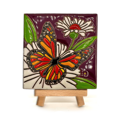 Mexican Handmade Clay Tile and Stand - Monarch Butterfly Mariposa Tile Mexico