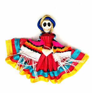 Handmade Mexican Folklorico Corn Husk Catrina Magnets Art & Decor Mexico Andalucía - Red