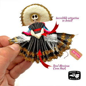 Handmade Mexican Folklorico Corn Husk Catrina Magnets Art & Decor Mexico