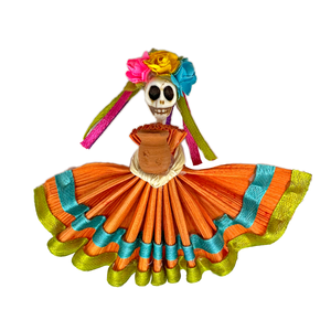 Handmade Mexican Folklorico Corn Husk Catrina Magnets Art & Decor Mexico Miranda - Orange Dress