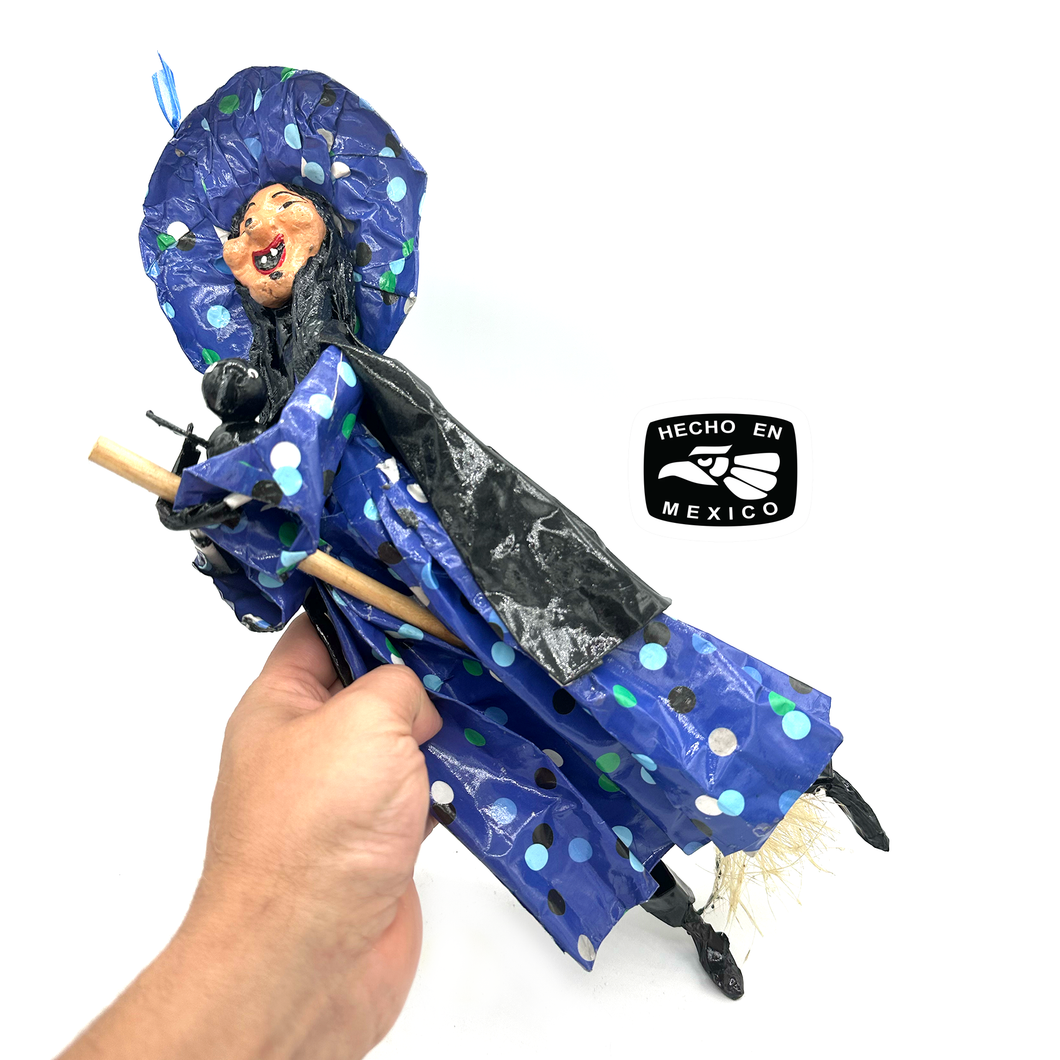 Mexican Handmade Paper Maché - Catrina - Flying Bruja Witch Art & Decor Muertolandia.com Blue