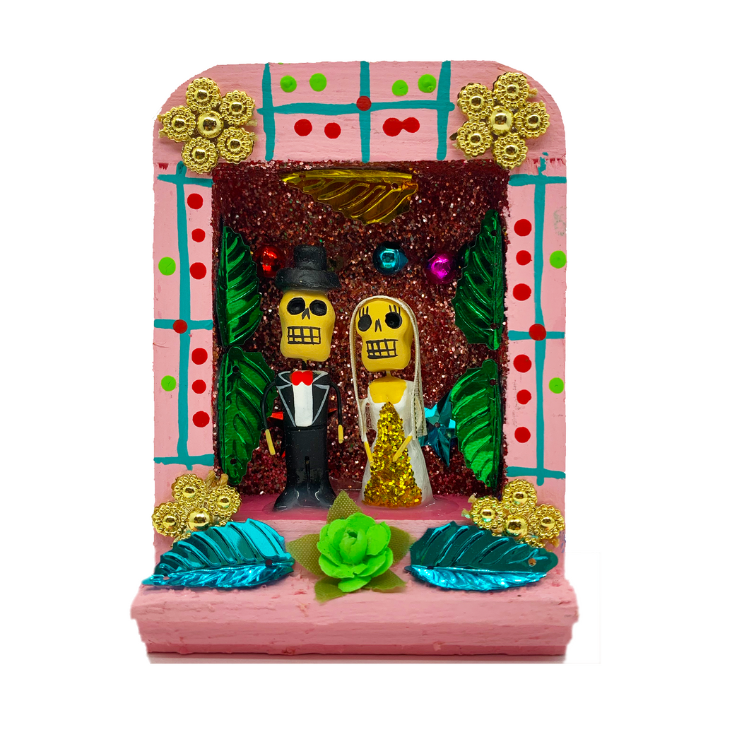 Handmade Shadow Box Nicho - Novio y Novia (Los Novios) Shadow Boxes Mexico CC Pink Wood Box  