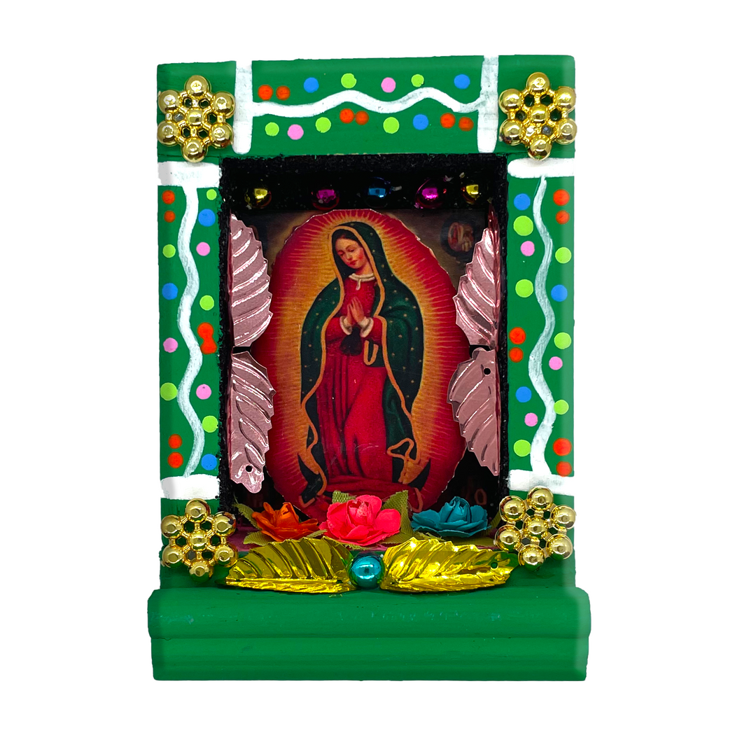 Handmade Shadow Box Nicho - Virgen de Guadalupe Shadow Boxes Mexico CC Green Wood Box - Full Body  