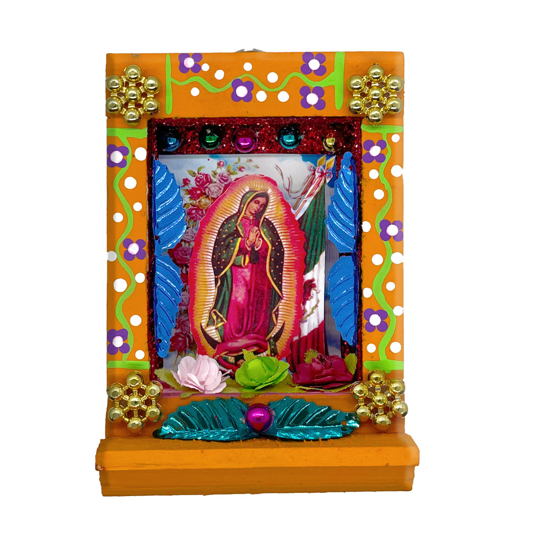 Handmade Shadow Box Nicho - Virgen de Guadalupe Shadow Boxes Mexico CC Orange Wood Box - Full Body  