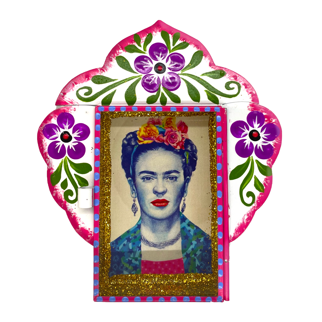 Frida Tin Nicho With Glass Door Art & Decor Mexico Frida Tin 11  