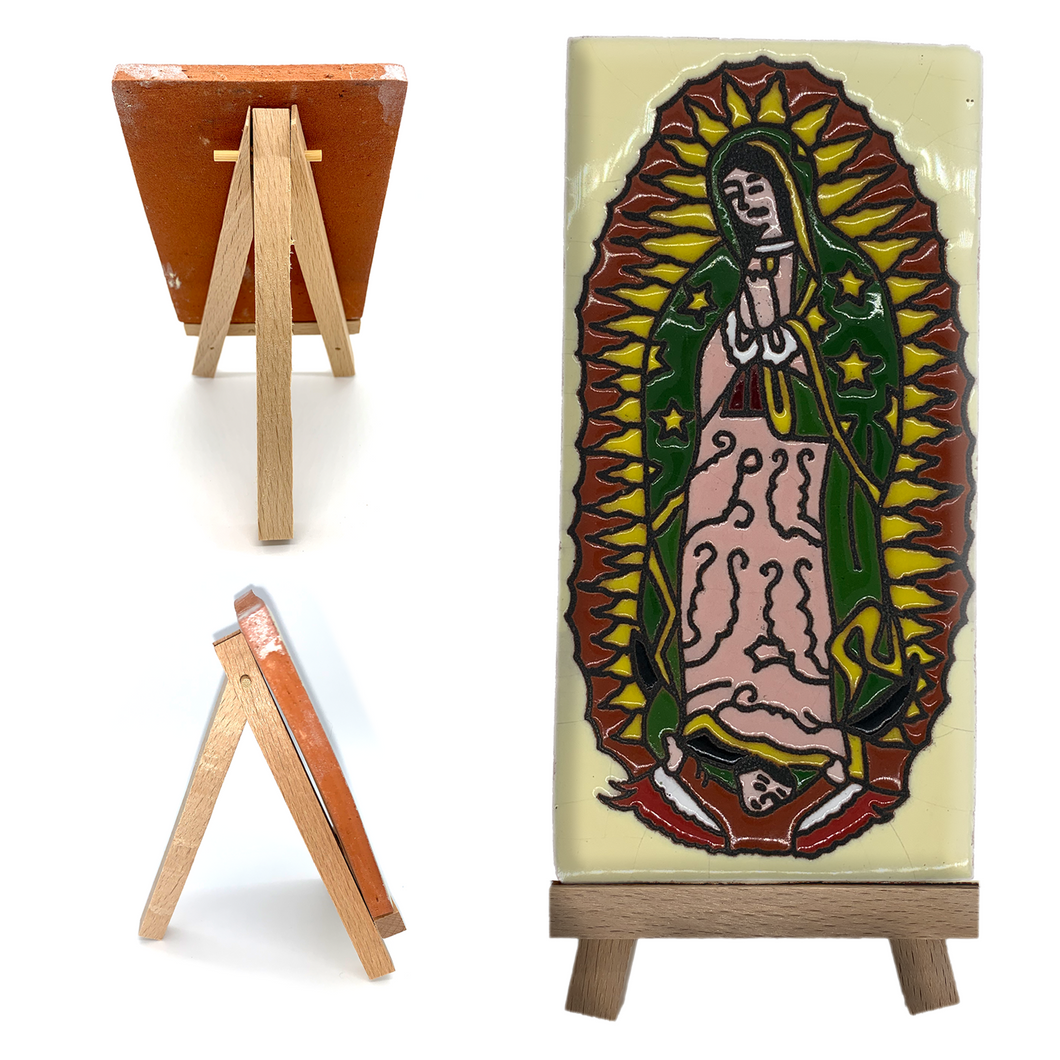 Handmade Mexican Clay Tile and Stand - Virgen de Guadalupe (Tall)