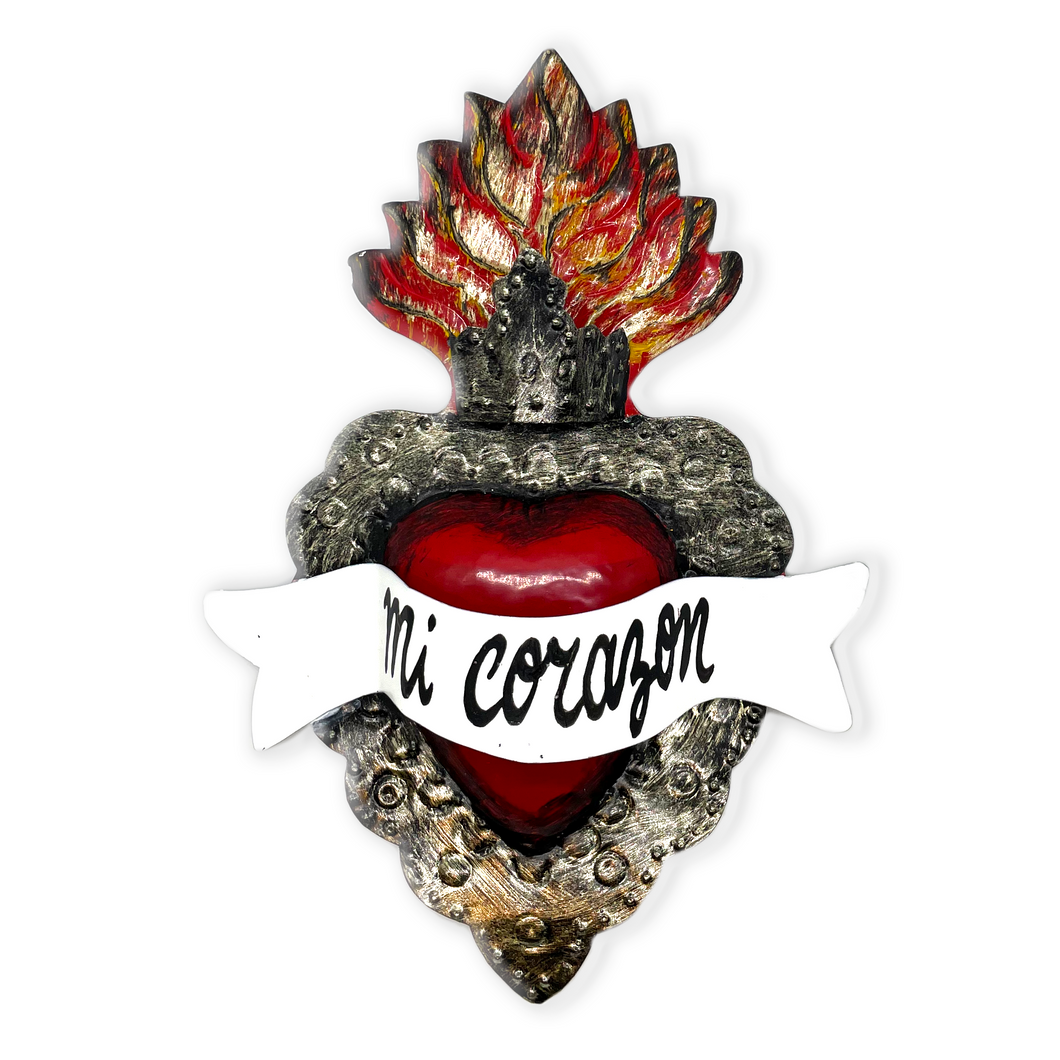 Handmade Frida 3D Tin Hearts Tin Milagro Hearts Mexico Mi Corazon - Flame/Crown  