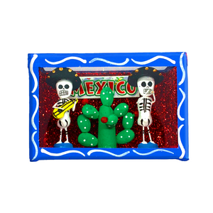 Handmade Window Shadow Box Nicho -  Mexican Nopal Calacas (Skeletons)
